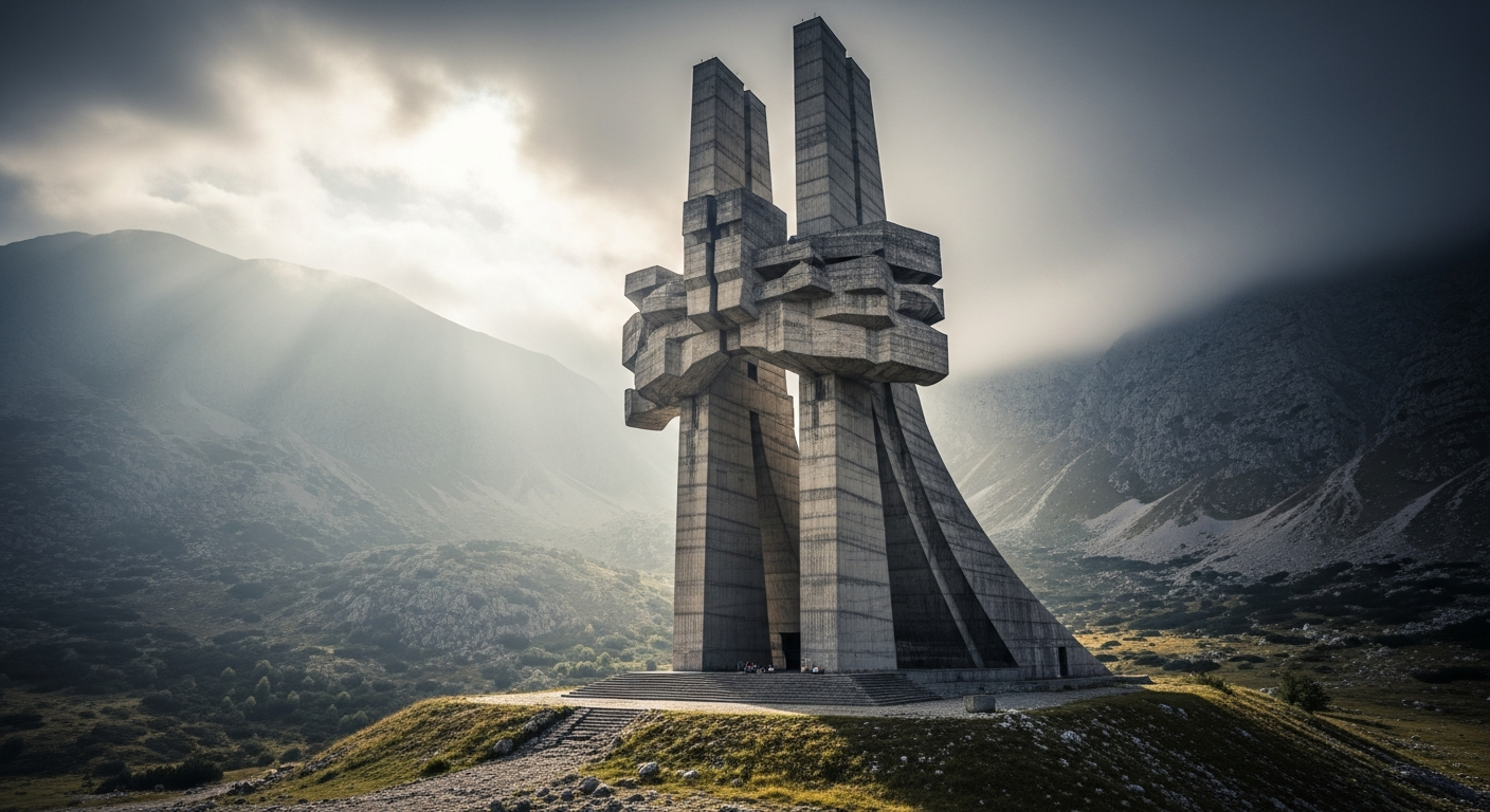 Abstract Yugoslav spomenik memorial sculpture in dramatic mountain landscape