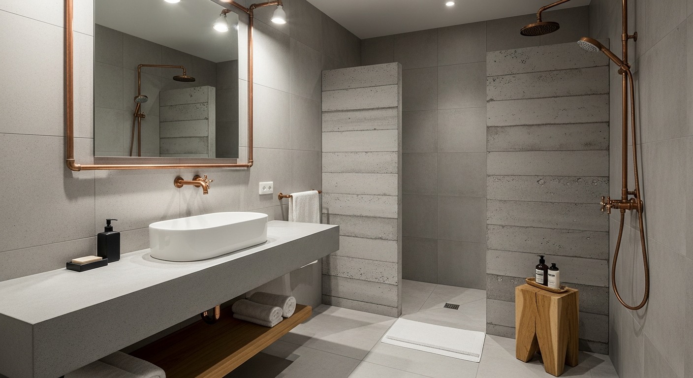 Concrete vanity bathroom with exposed pipe fixtures and wood accents