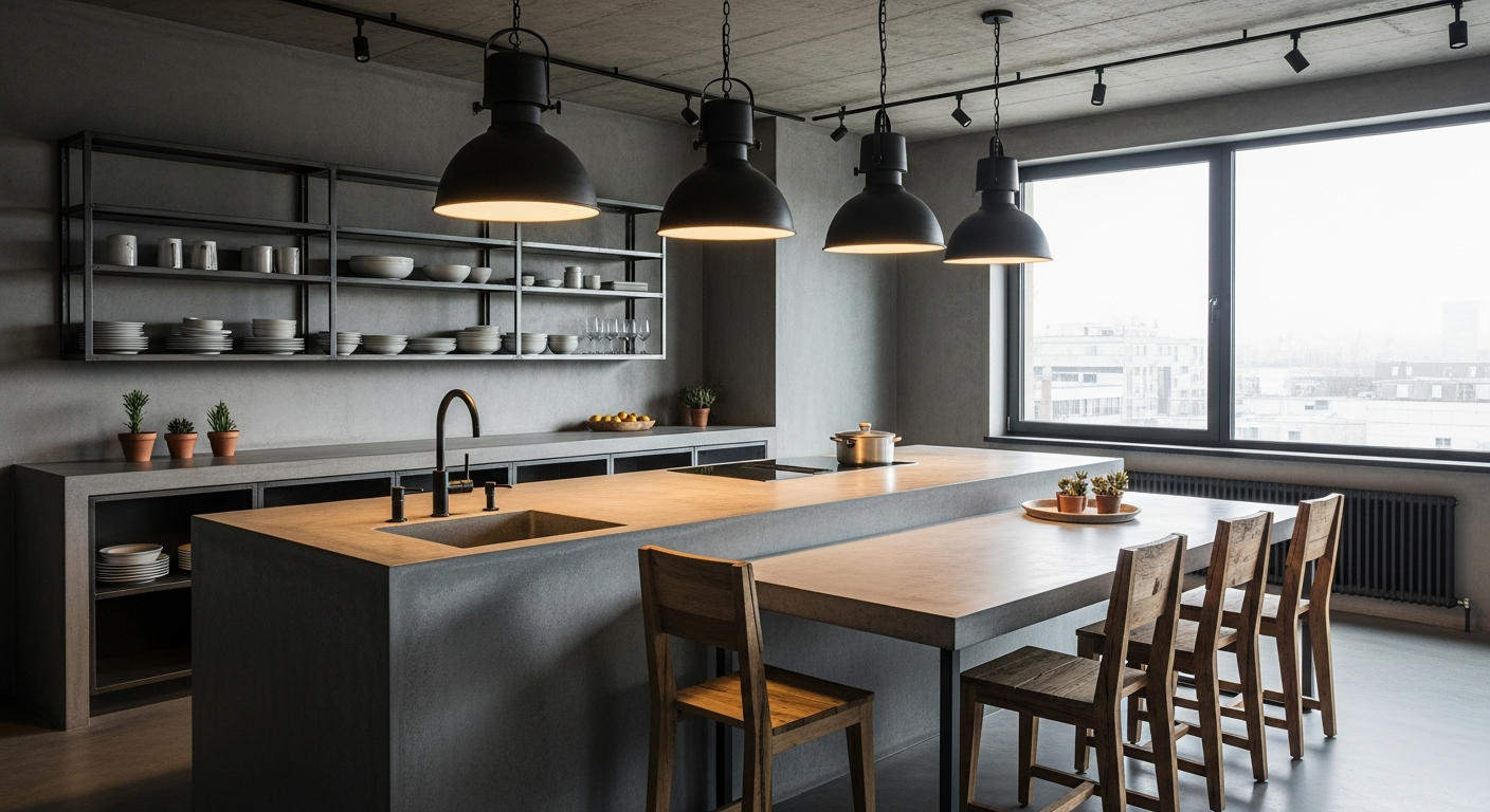 Concrete island kitchen with steel shelving and industrial pendant lighting