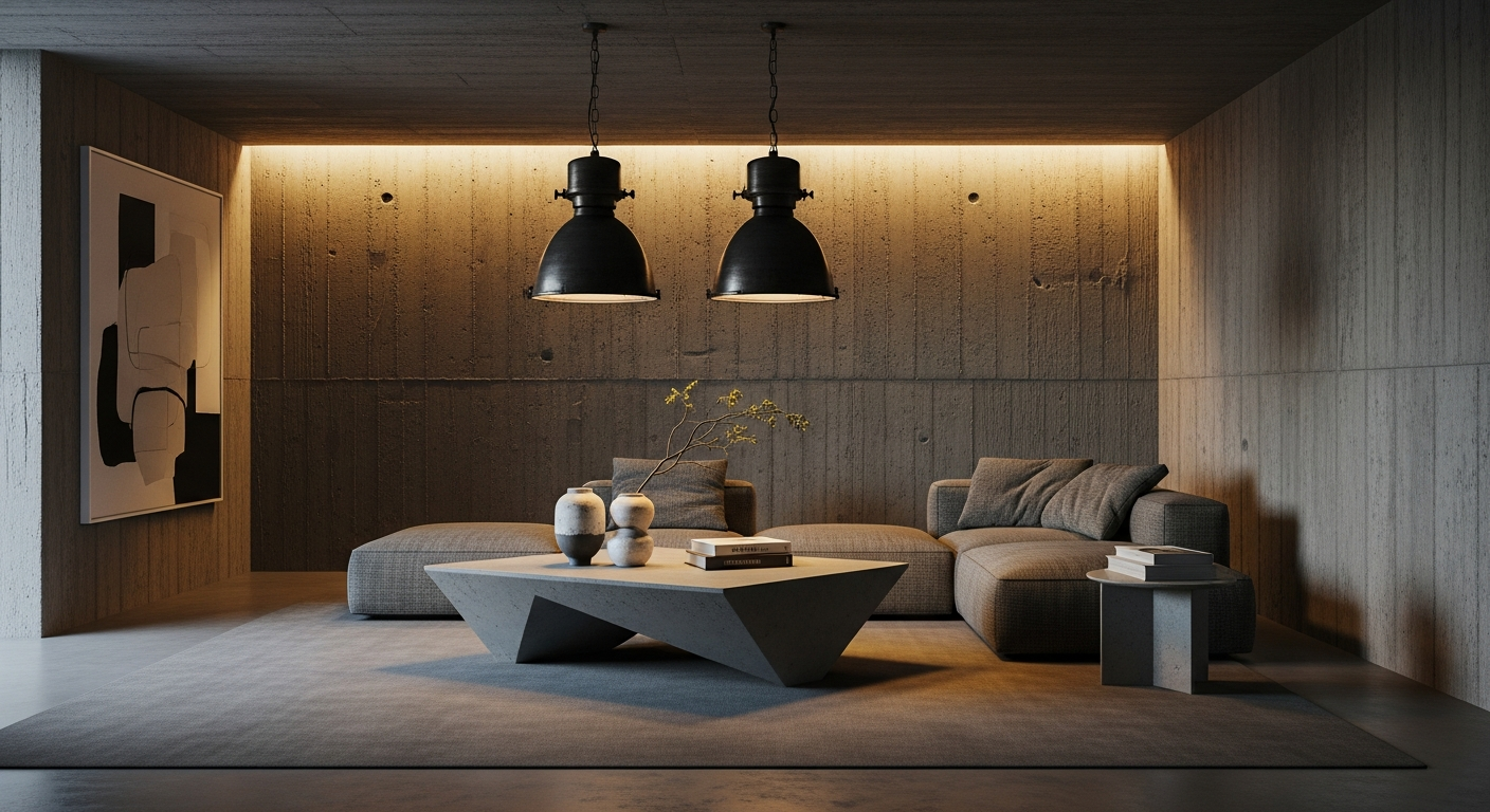 Stunning brutalist living room interior with concrete walls, sculptural furniture, and warm lighting