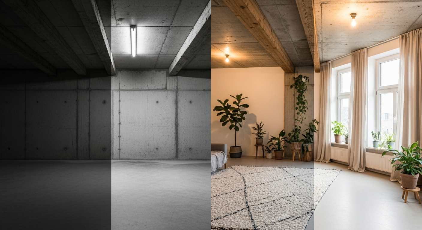Before and after showing cold concrete interior warmed with wood, textiles, and plants