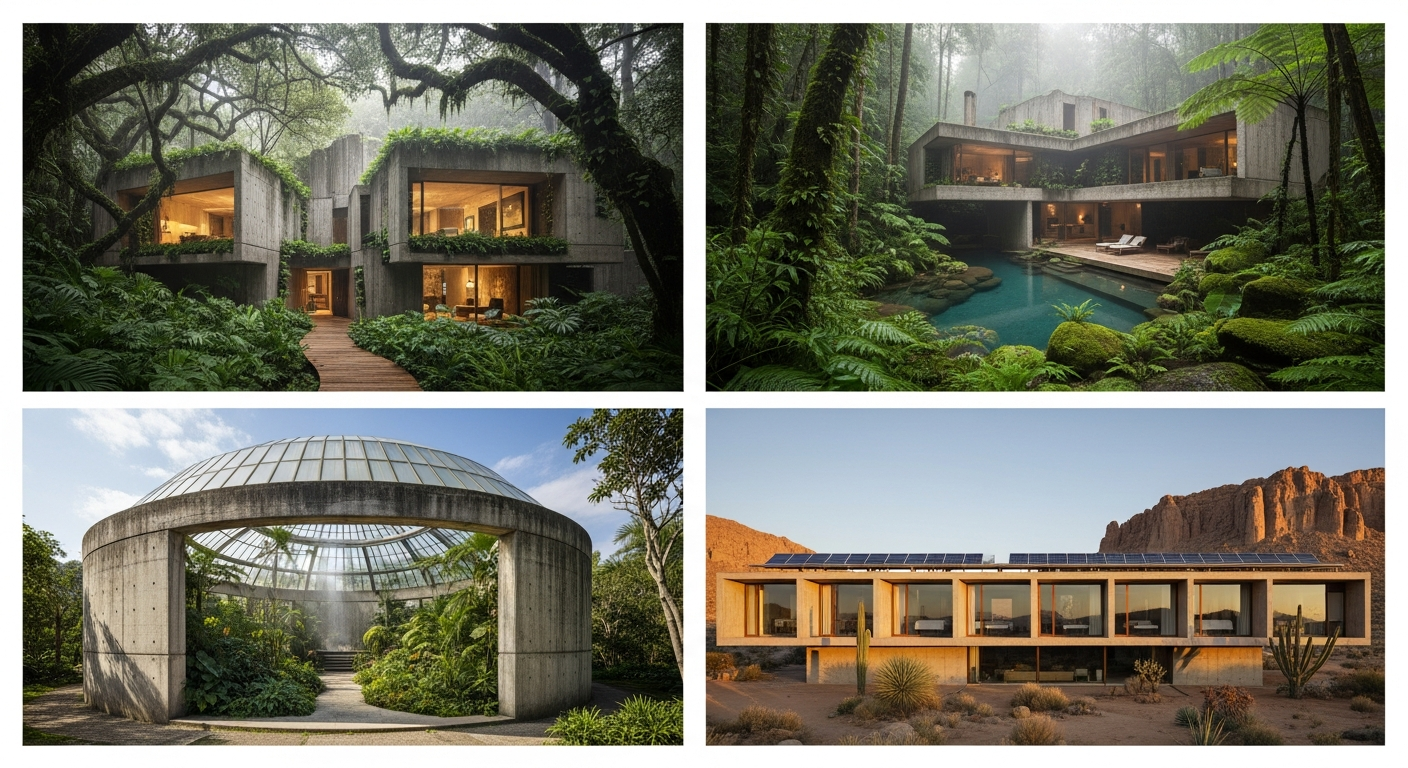 Grid of iconic eco-brutalist buildings showing concrete integrated with lush nature