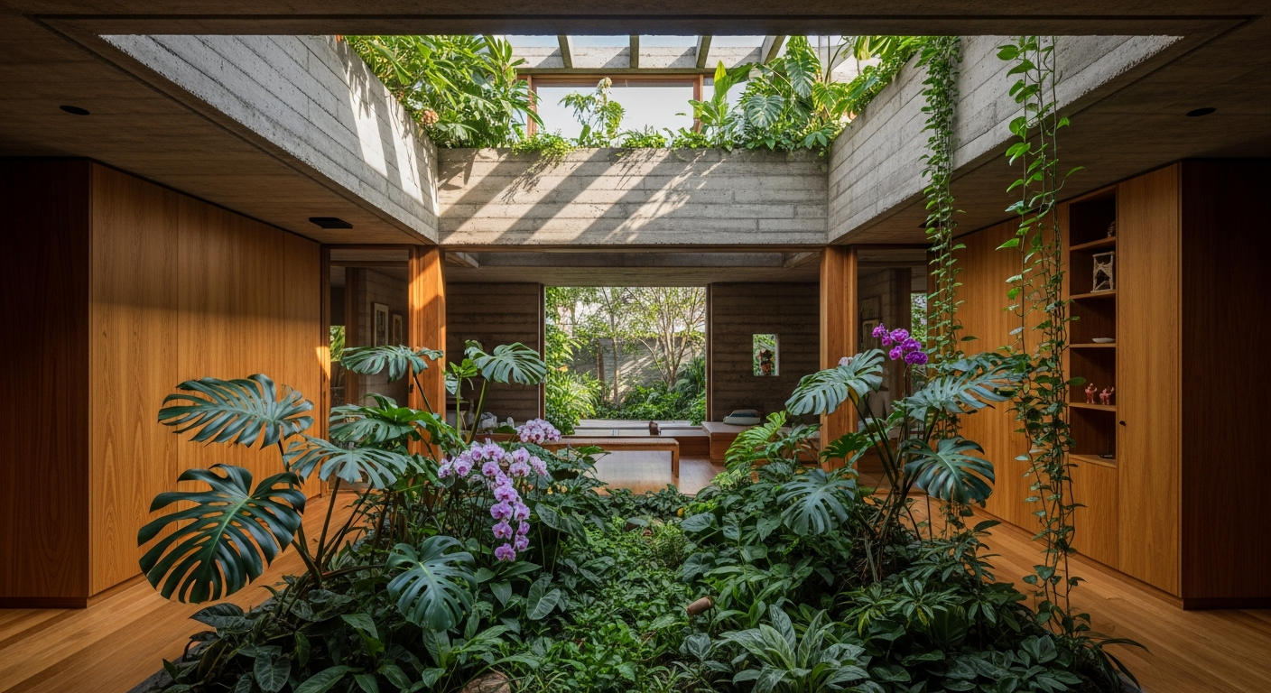 Eco-brutalist home with indoor courtyard, concrete walls, and abundant greenery