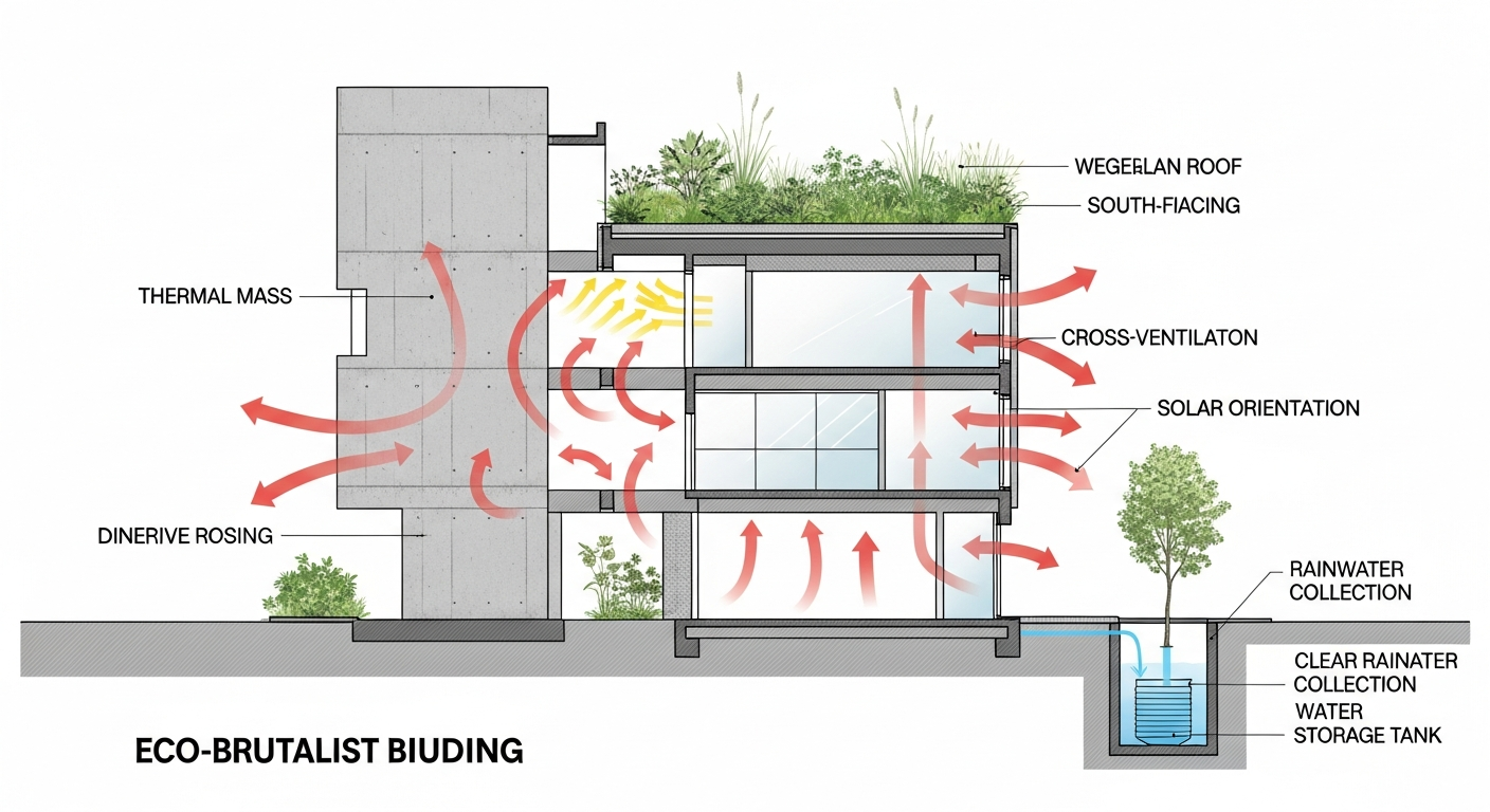 Cross-section showing thermal mass, cross-ventilation, and green roof in eco-brutalist building