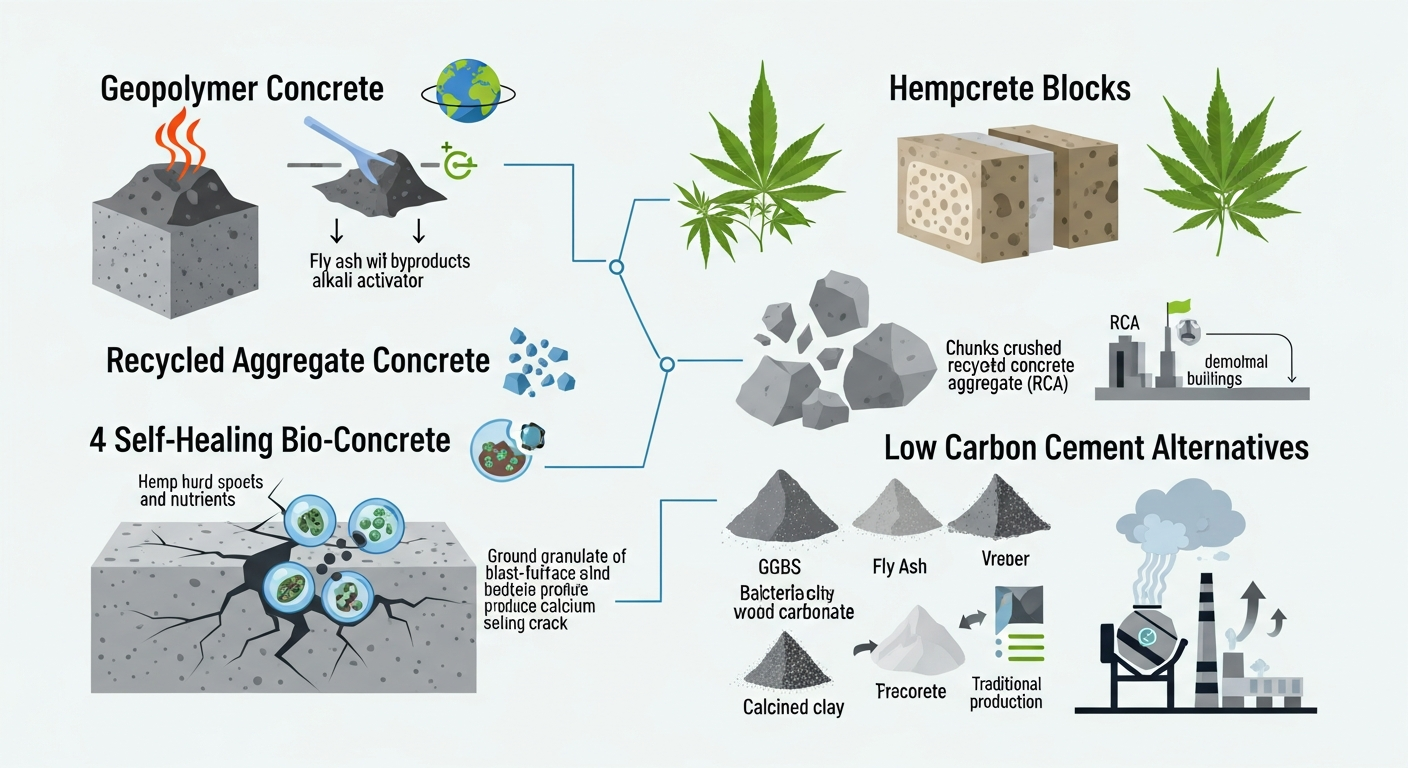 Infographic showing low-carbon concrete types including geopolymer, hempcrete, and recycled aggregate