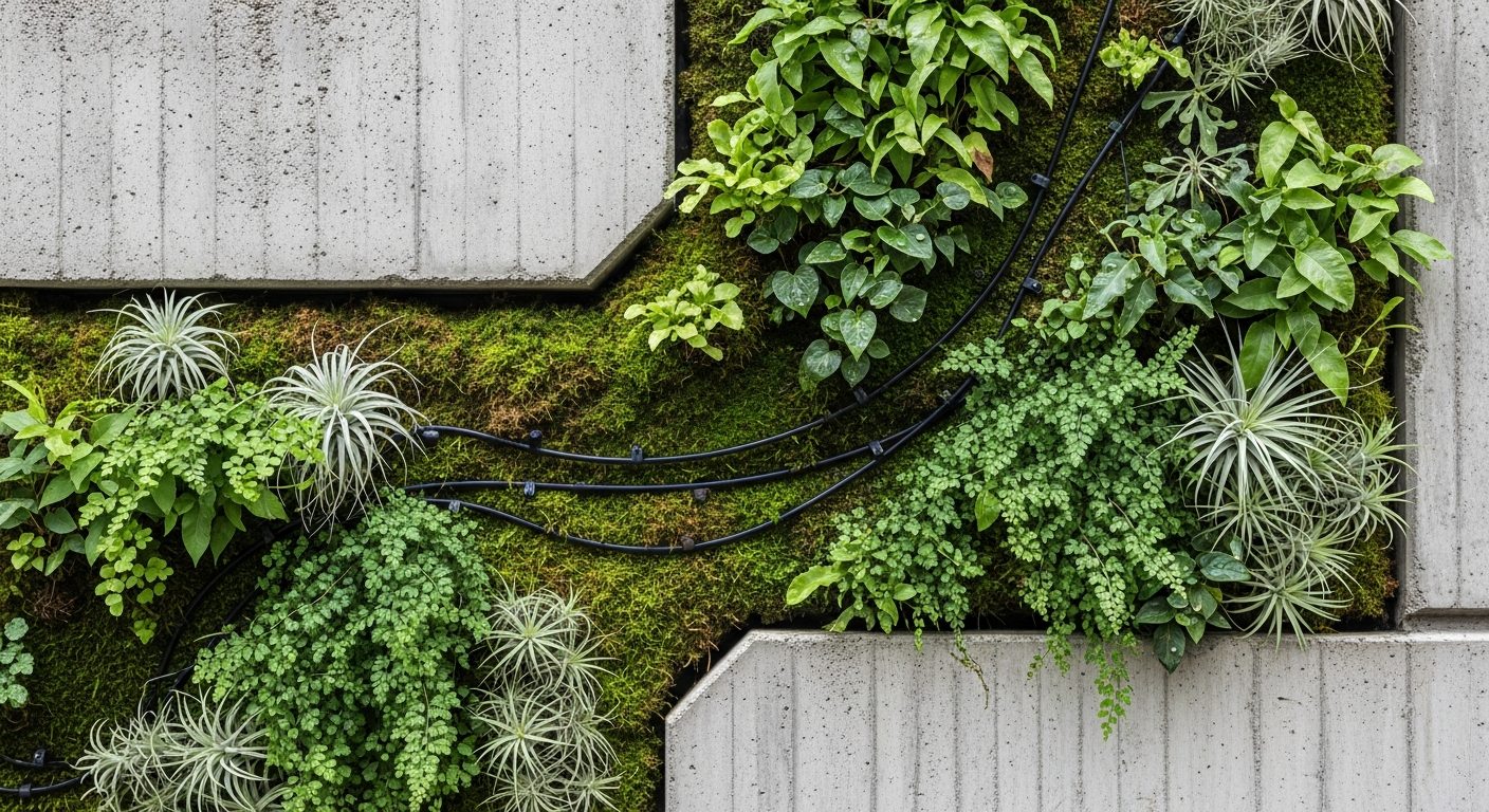 Close-up of living wall growing on concrete surface with integrated irrigation