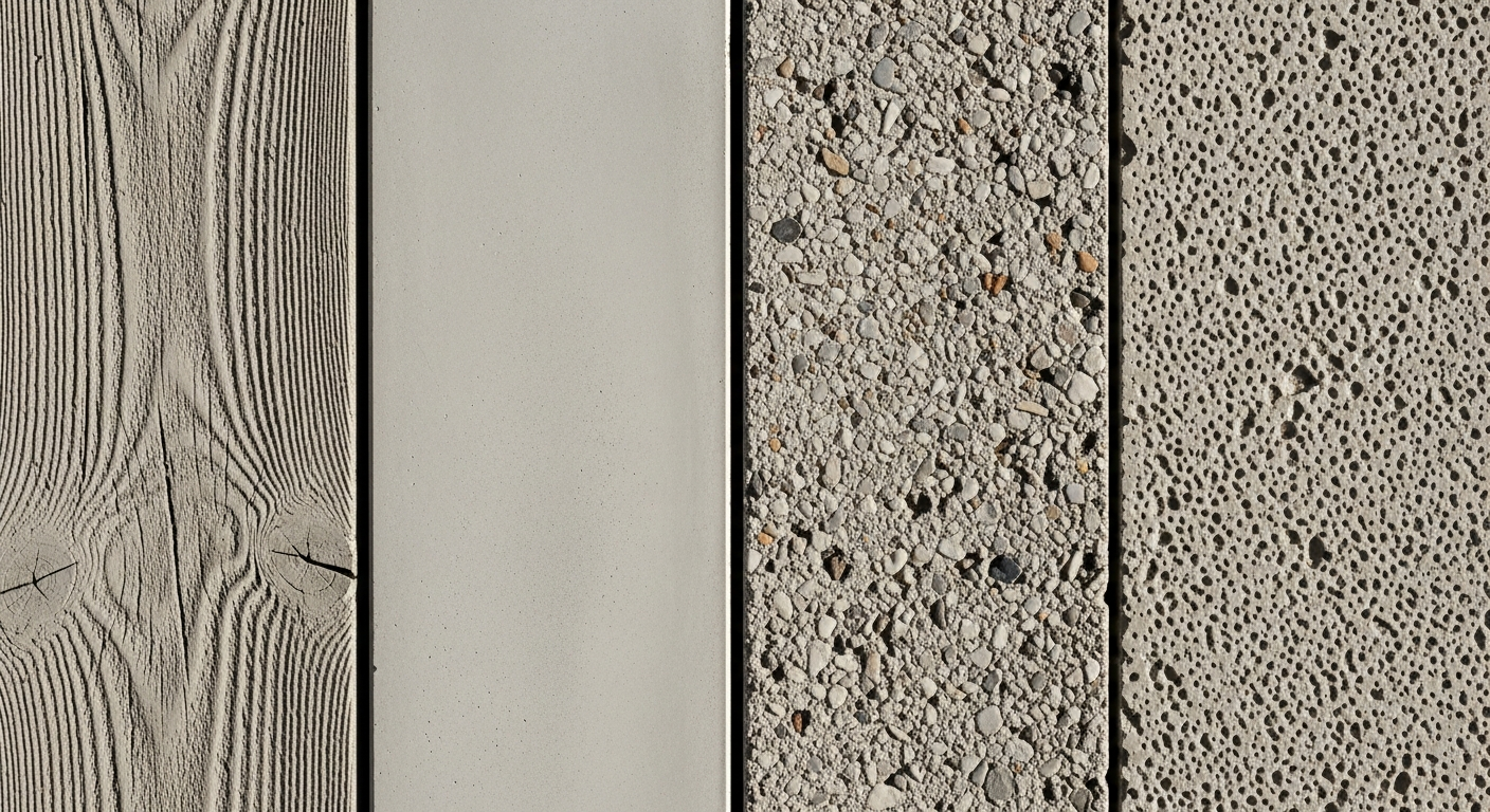Detail shots of concrete facade treatments including board-formed, smooth, aggregate, and bush-hammered