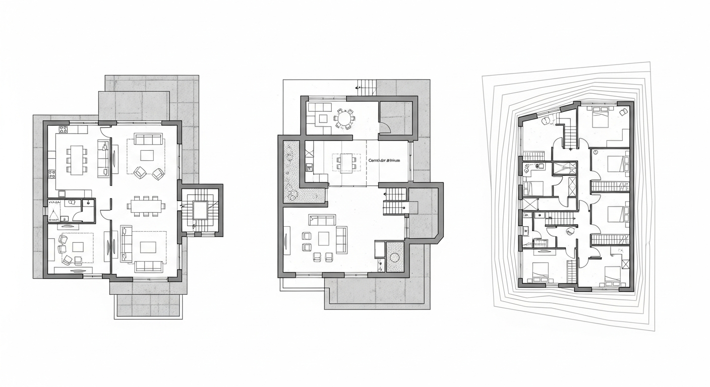 Diagram of three brutalist house layouts: open plan, courtyard, and split-level