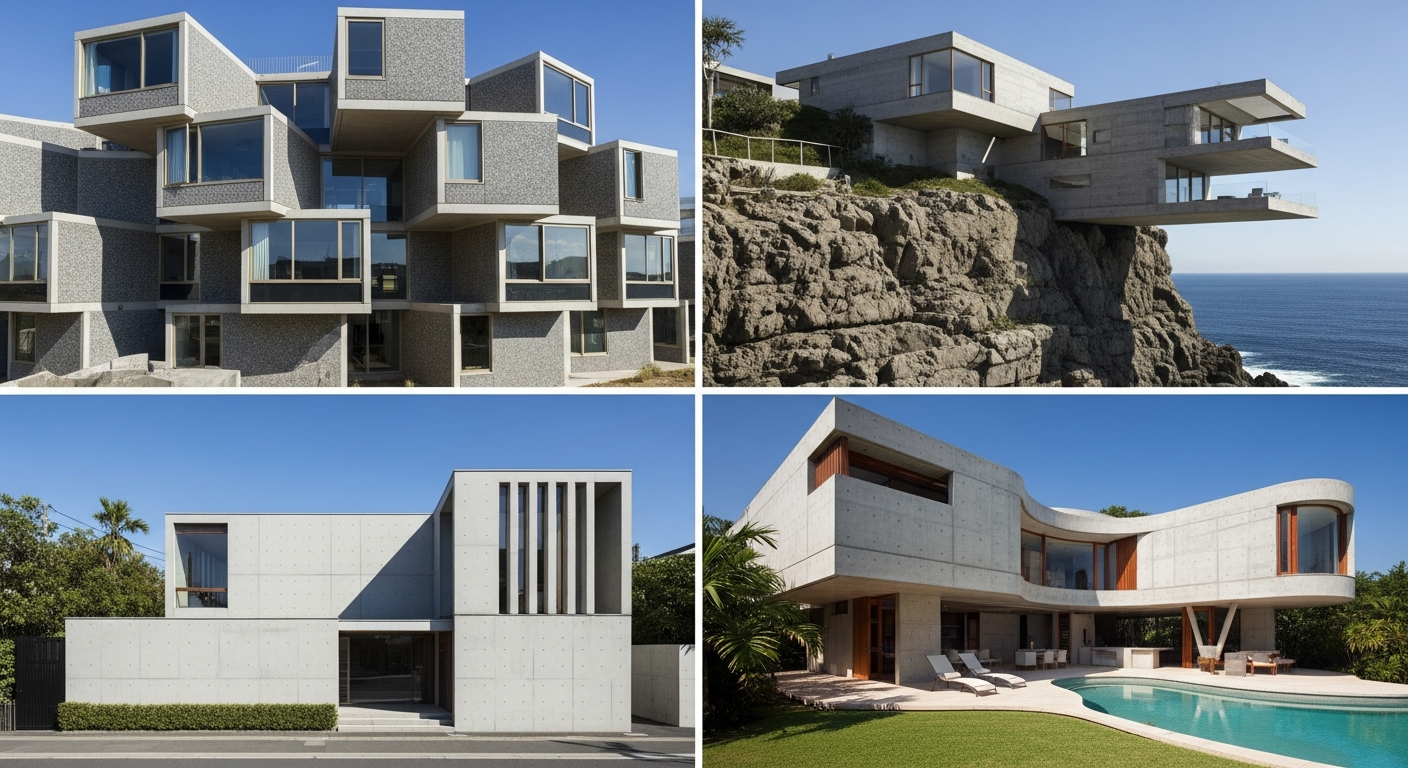 Grid of iconic brutalist homes including Habitat 67 and Tadao Ando house