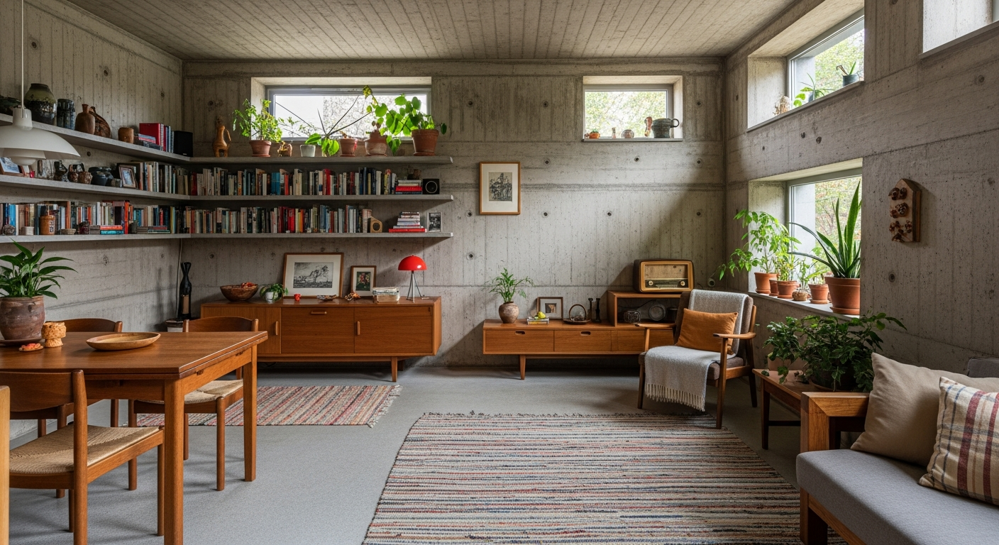 Interior of lived-in brutalist home showing patina, warmth, and daily life