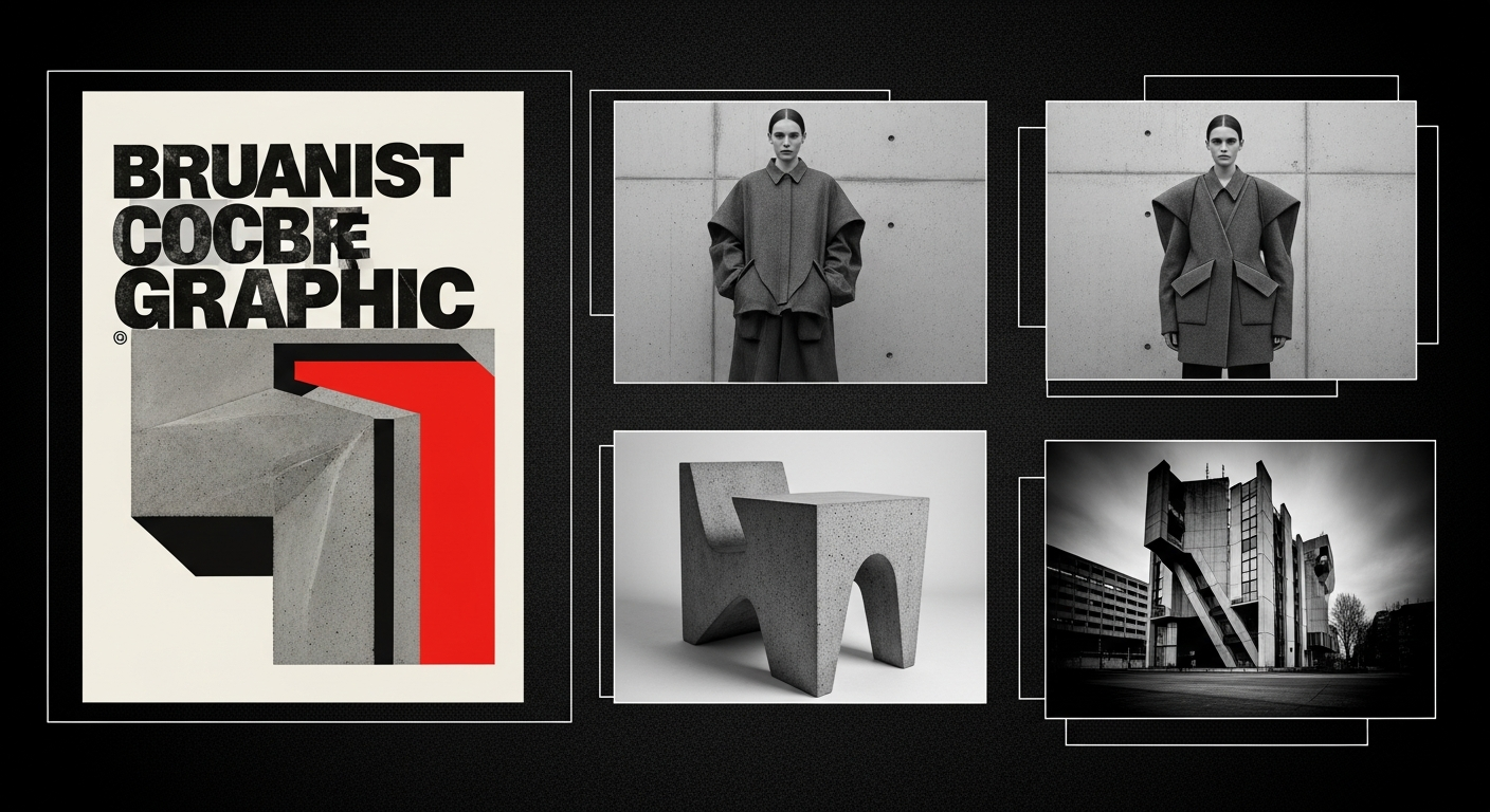 Grid showing brutalist influence in graphic design, fashion, furniture, and photography