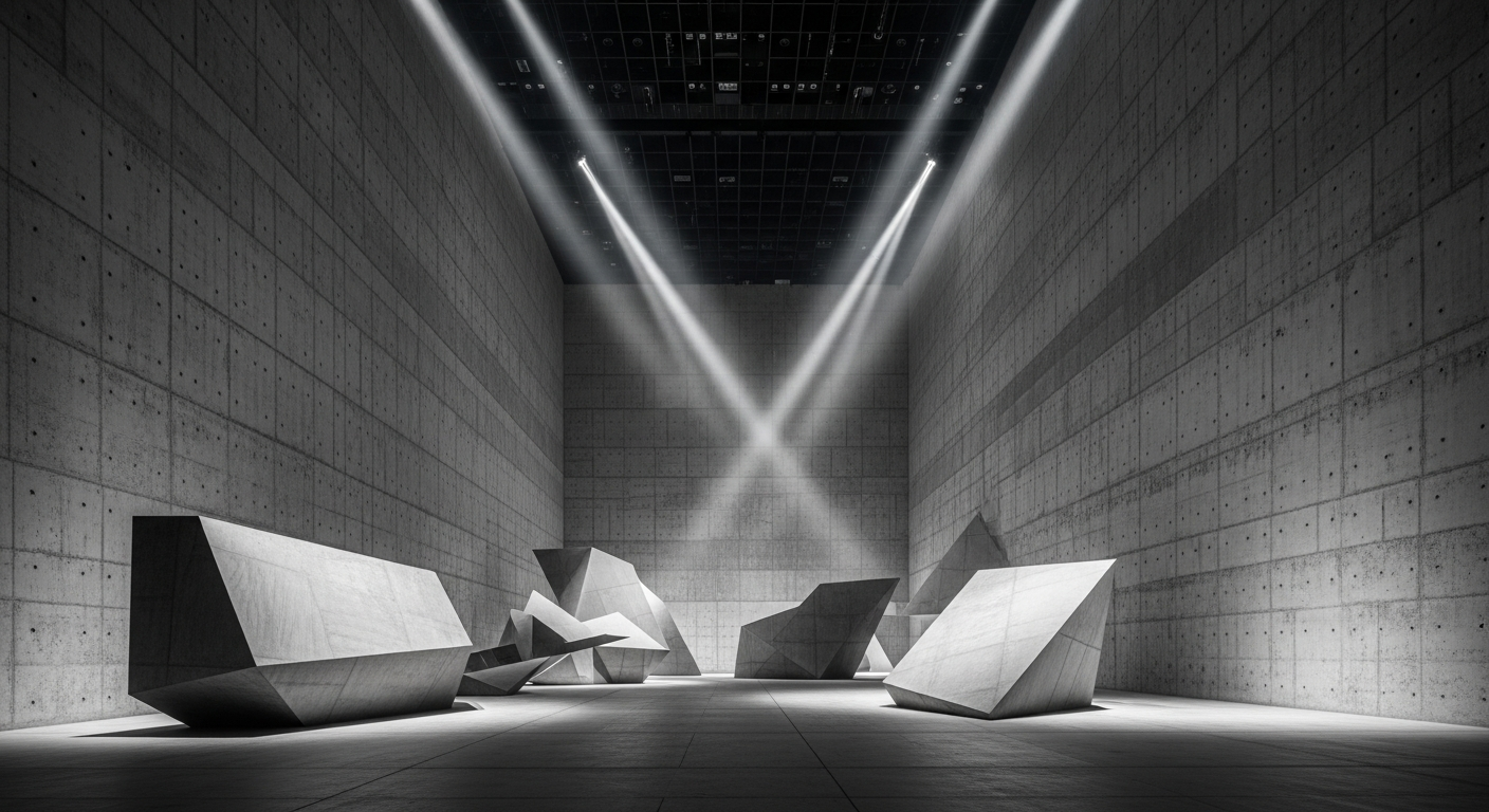 Contemporary brutalist museum or gallery with dramatic concrete walls and theatrical lighting