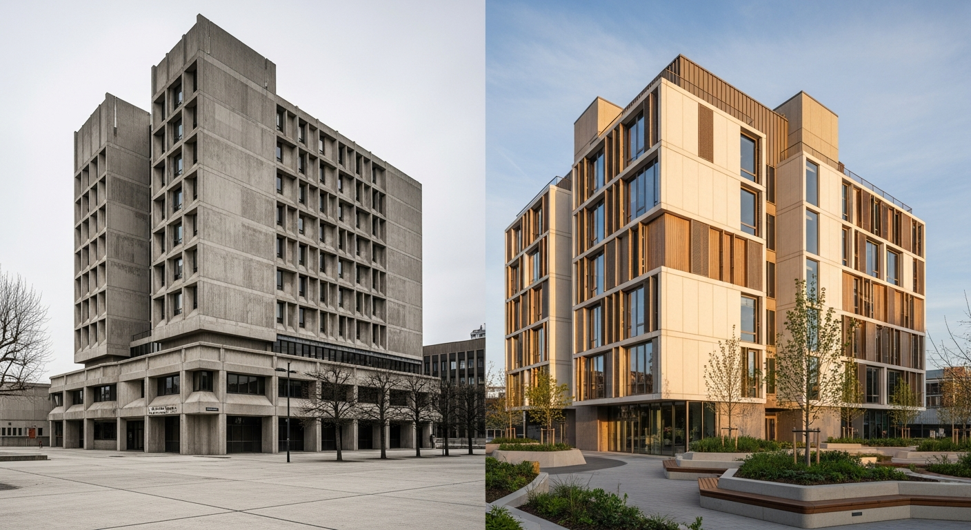 Side-by-side comparison of original 1960s brutalism versus 2026 neo-brutalism