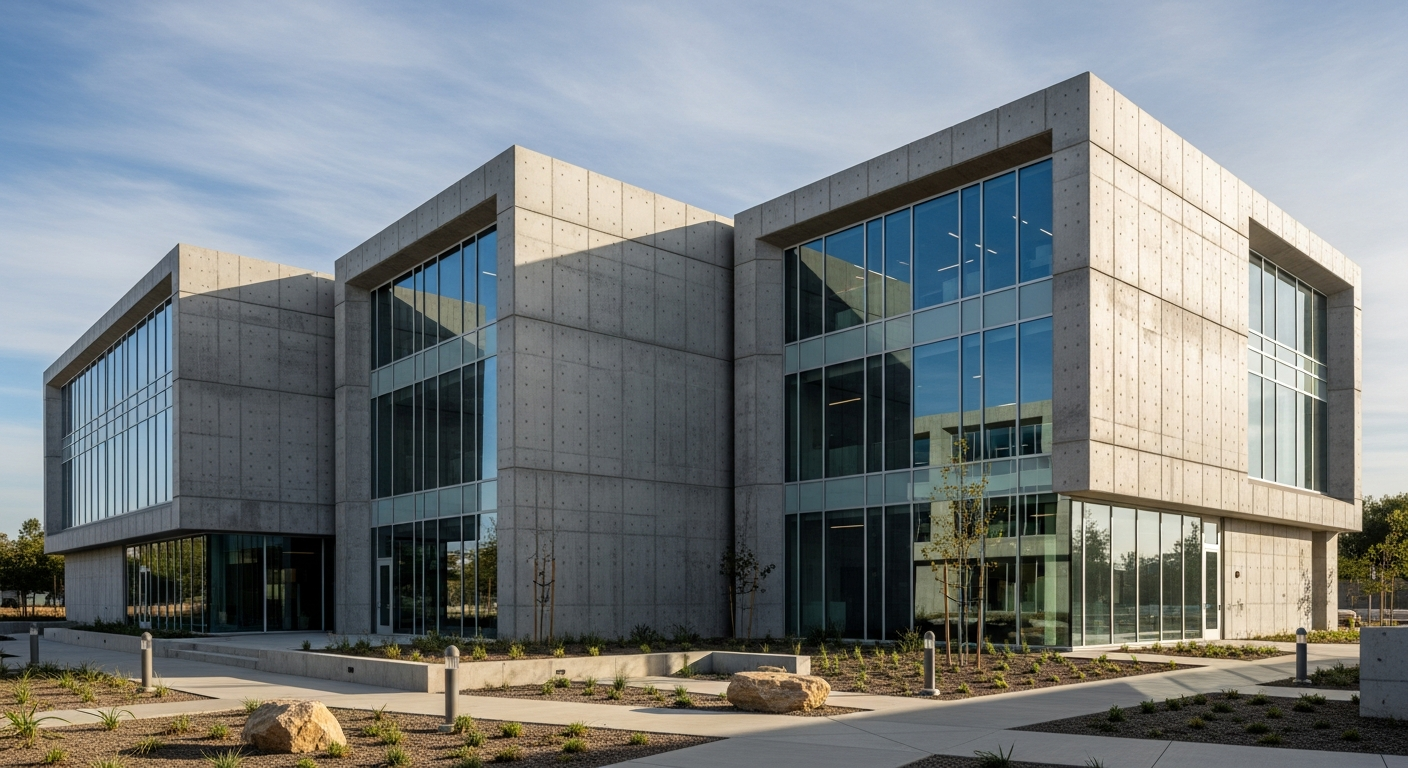 Modern tech campus with brutalist-inspired concrete architecture