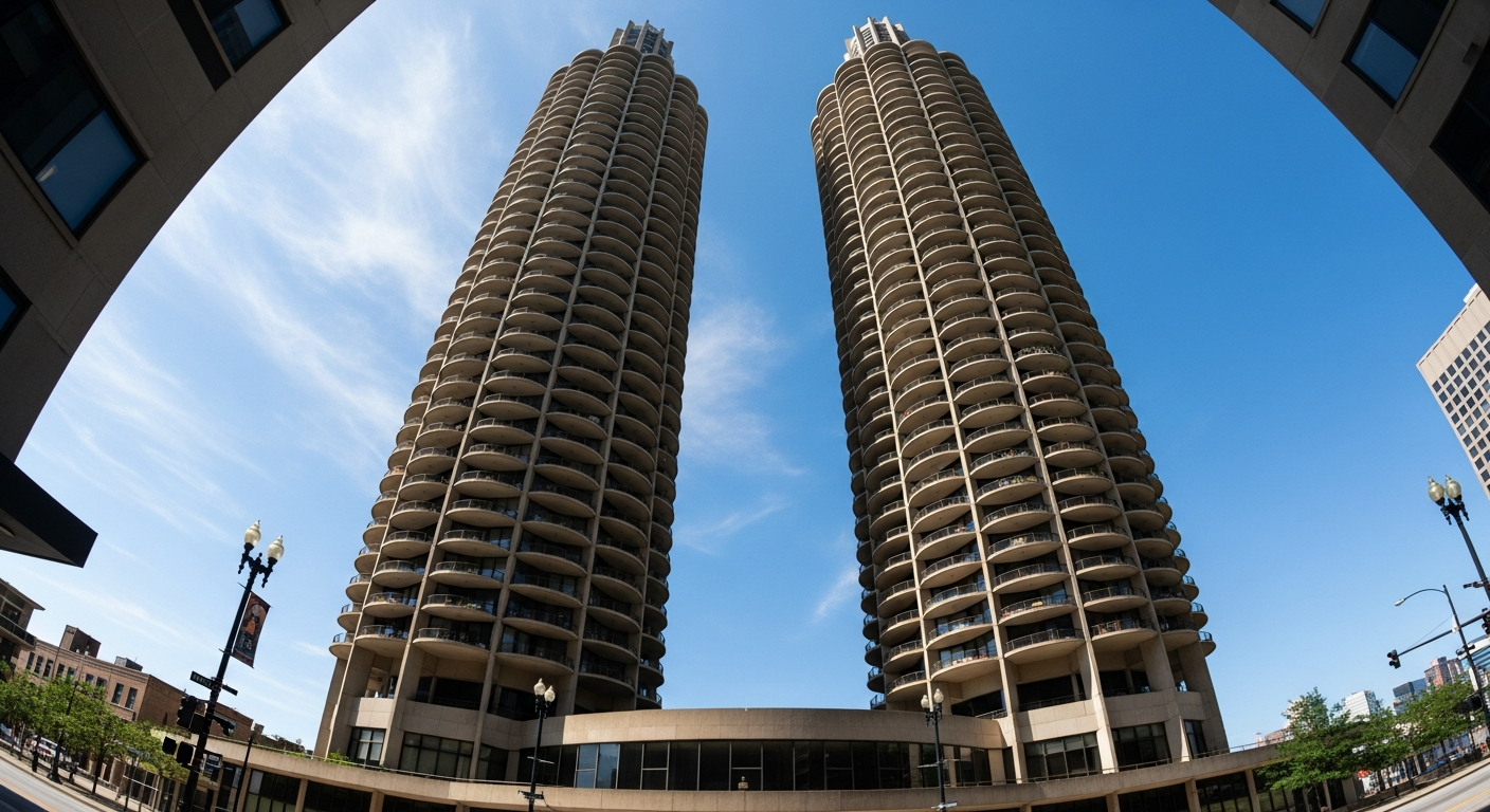 Marina City twin corn cob towers viewed from street level