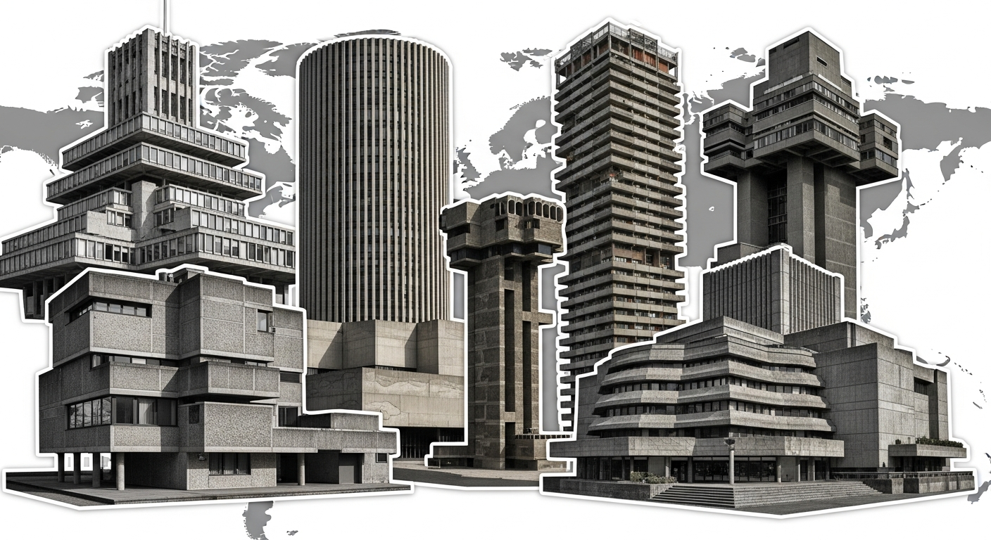 Dramatic collage of iconic brutalist buildings from multiple world cities