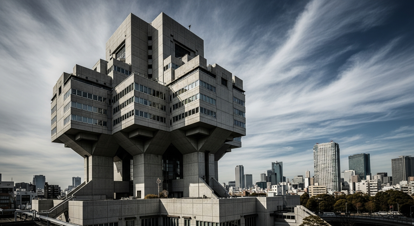 Japanese brutalist metabolist building showing unique Eastern interpretation