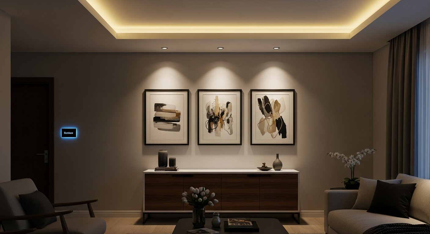 Living room with beautiful accent lighting from sconces and candles