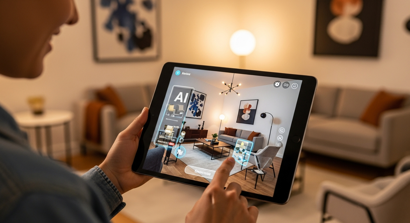 Person using tablet showing AI-powered interior design visualization with augmented reality overlay