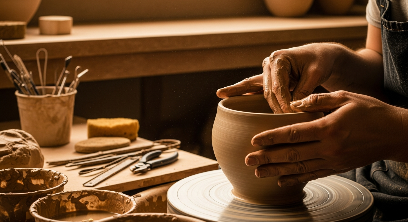 Artisan hands crafting handmade pottery on wheel in workshop with handcrafted wooden furniture in background