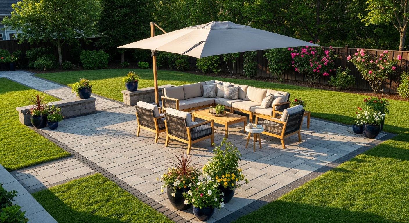 Backyard patio with outdoor furniture and plantings