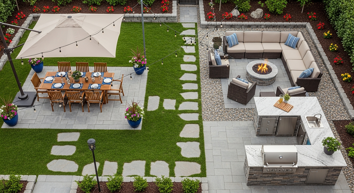 Backyard layout showing defined zones for different activities