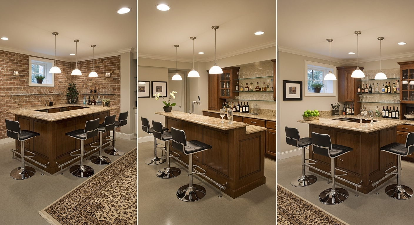 Different basement bar layouts including L-shaped and straight designs
