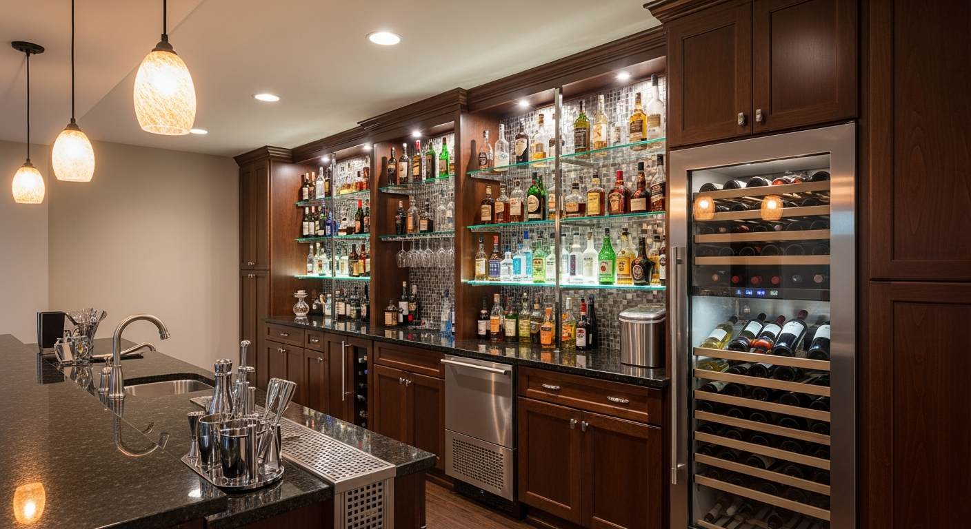 Basement bar with creative storage and ambient lighting