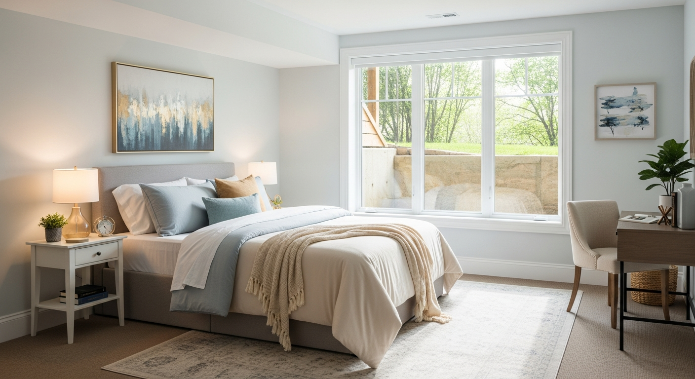 Basement bedroom egress window with window well
