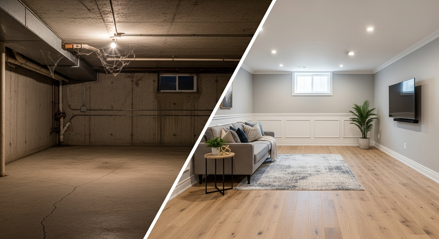 Basement transformation before and after finishing
