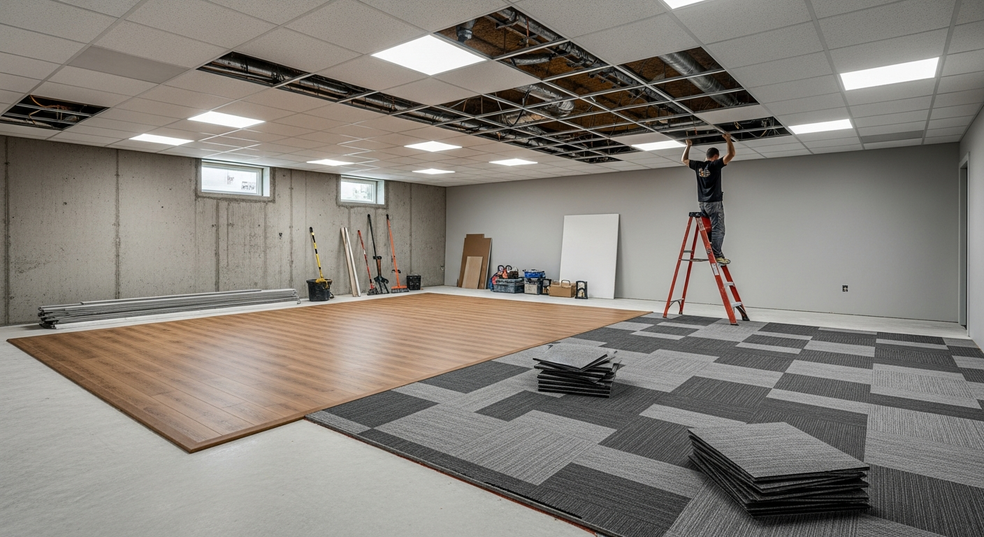 Basement flooring options and ceiling treatments