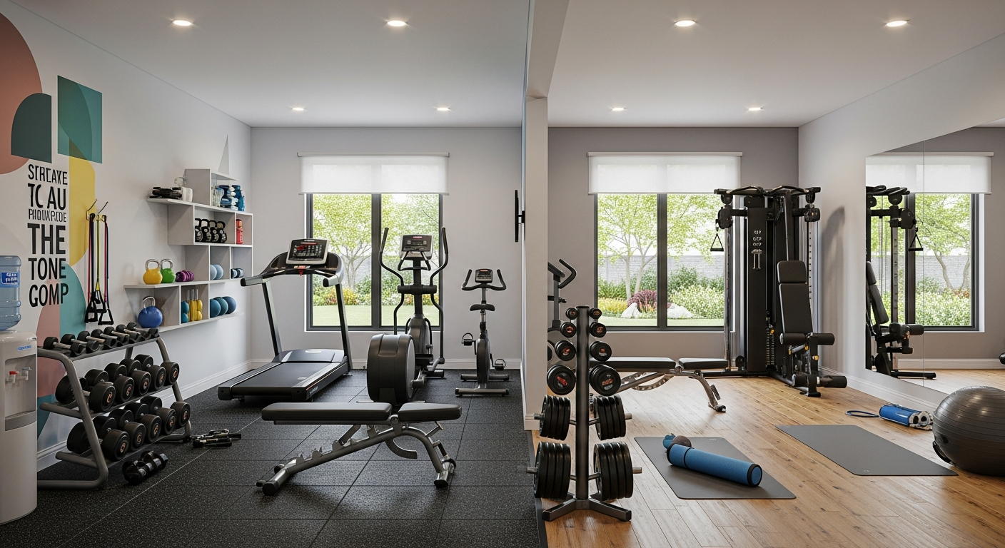Basement gym layout with equipment zones and flooring