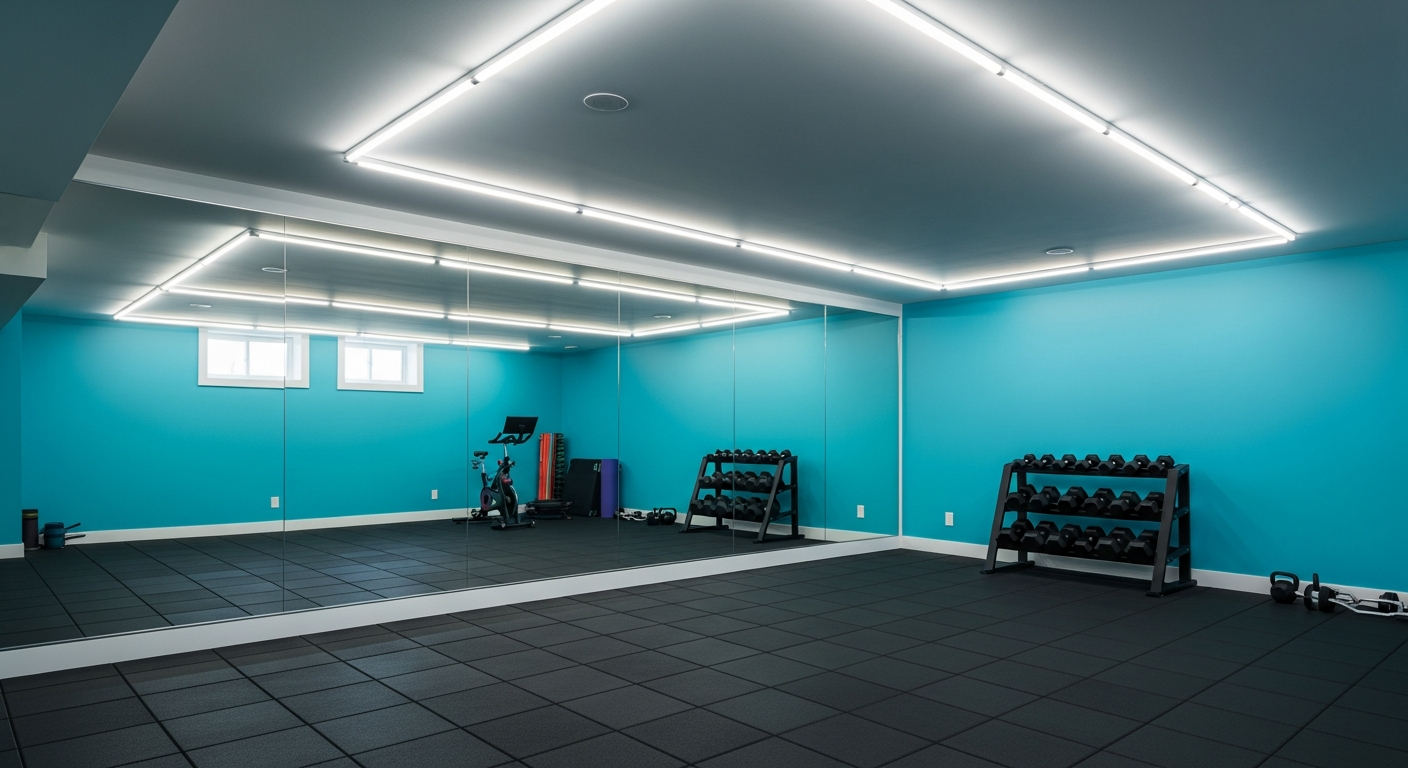 Basement gym with mirrors, lighting, and organized equipment