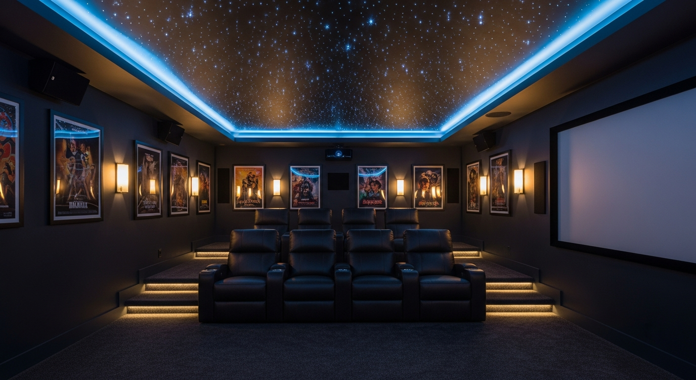 Home theater lighting, décor, and acoustic treatment