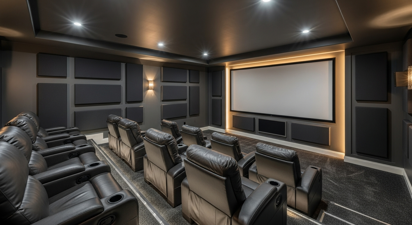 Basement home theater with large screen and tiered seating
