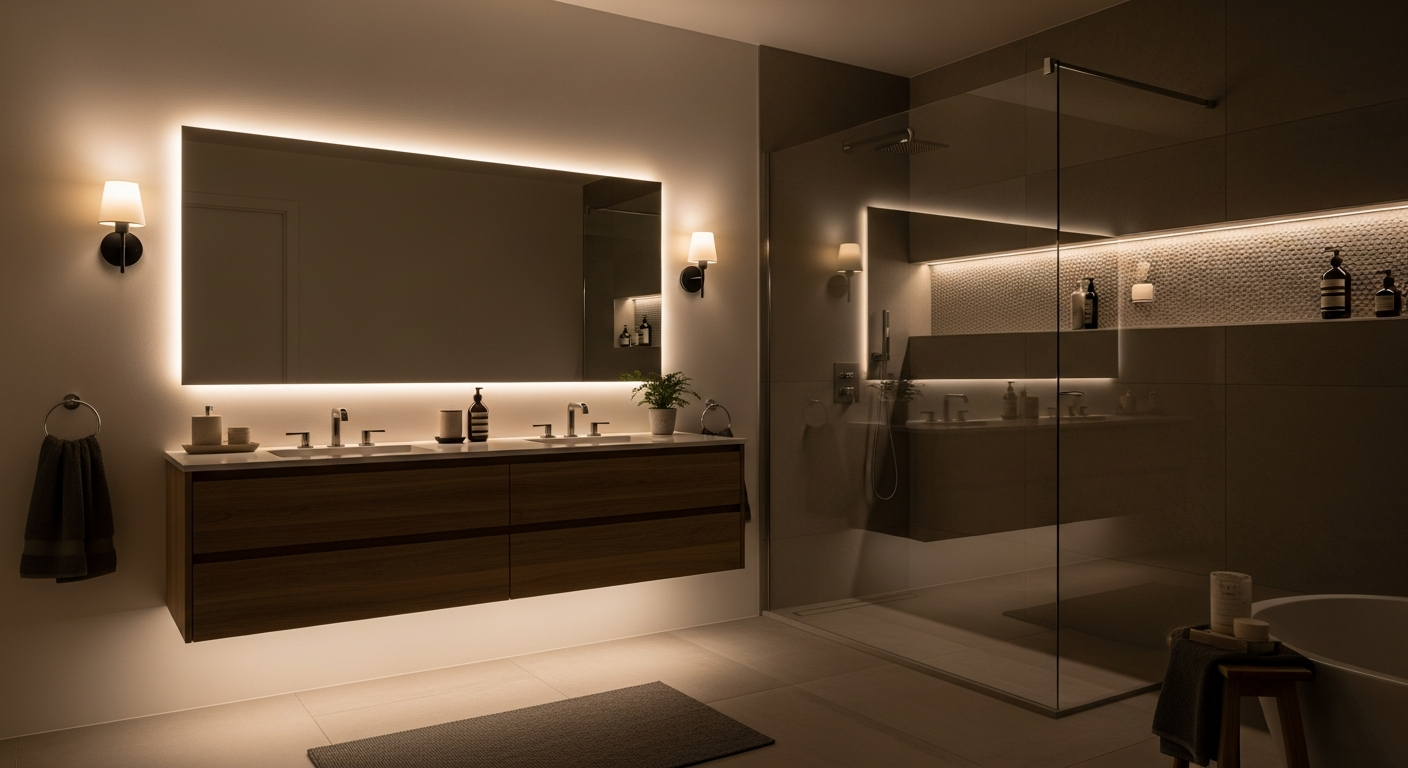 Bathroom with layered ambient and accent lighting creating atmosphere