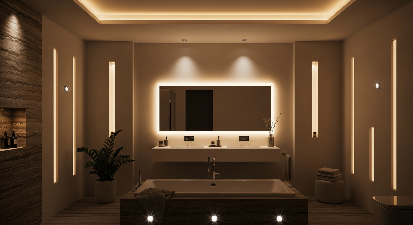 Layered bathroom lighting with ambient and accent sources