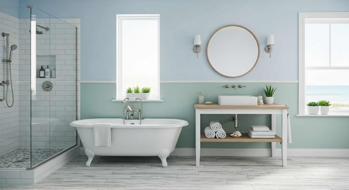 Bathroom with calming blue-green color palette