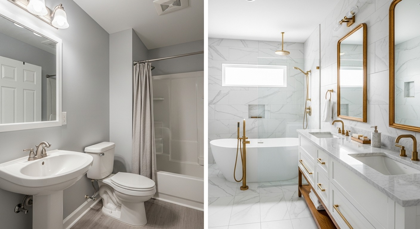 Side-by-side comparison of a budget-friendly bathroom refresh versus a luxury master bathroom renovation