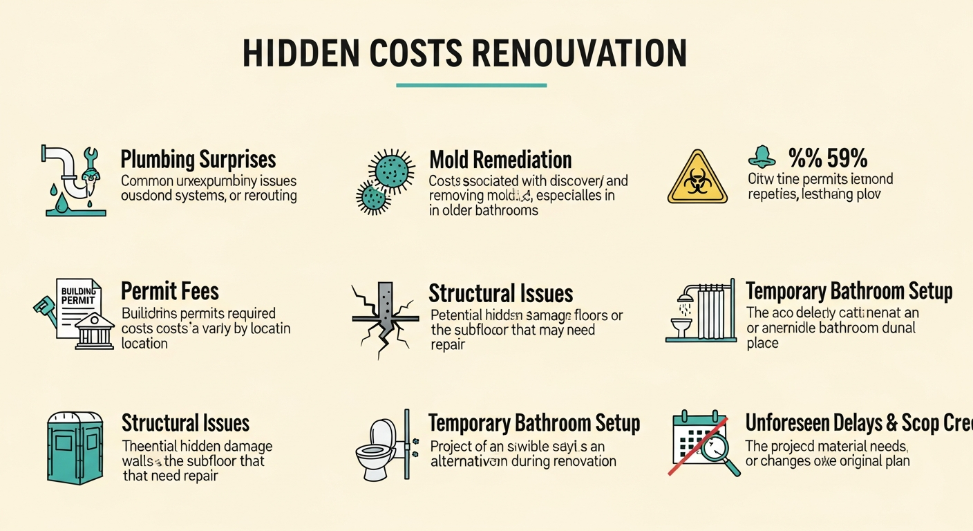 Infographic showing hidden bathroom renovation costs including water damage, mold, permits, and structural issues