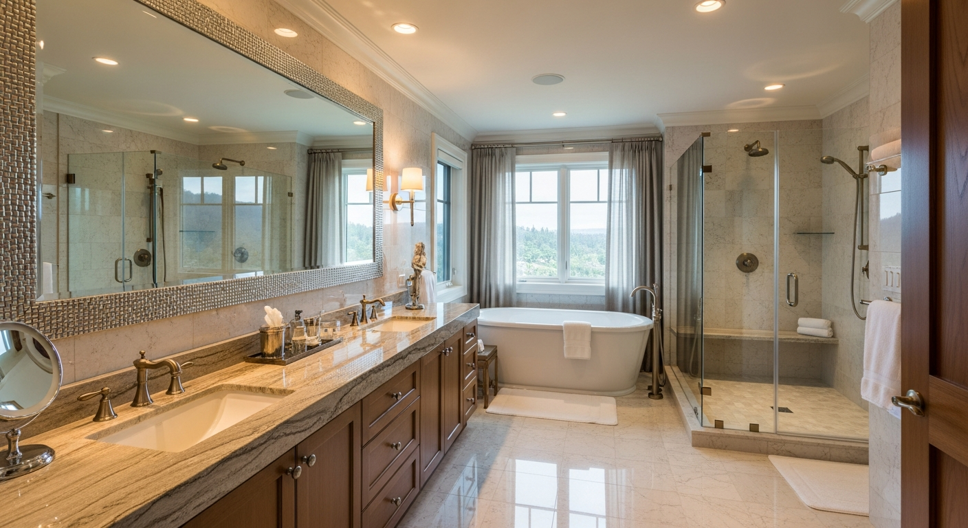 Spacious luxury master bathroom with double vanity, freestanding tub, and walk-in glass shower