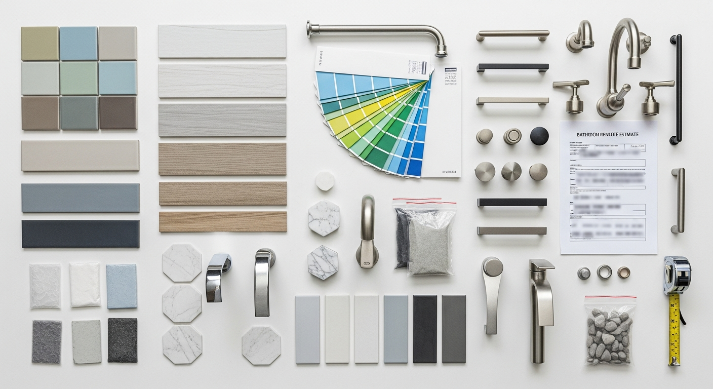Overhead view of bathroom remodel material samples including tile, fixtures, hardware, and paint swatches