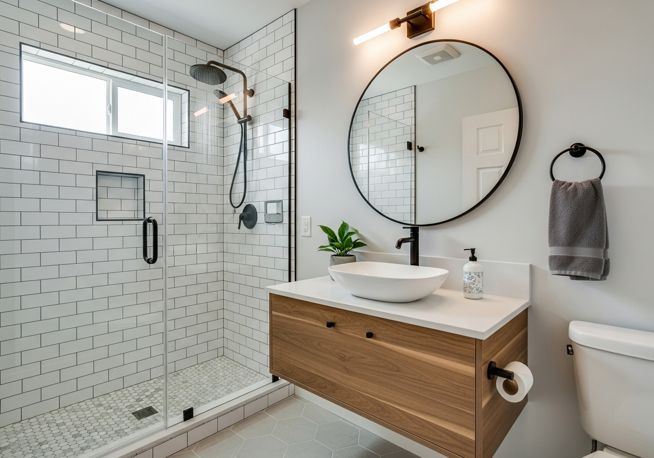 Beautifully remodeled small 5x7 bathroom with white subway tile and floating vanity