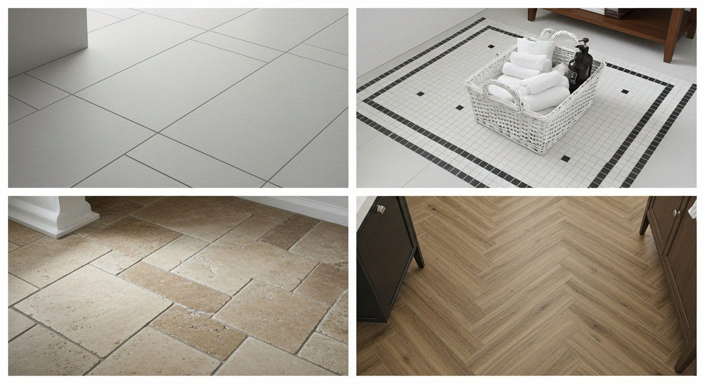 Various bathroom floor tile options showing porcelain, natural stone, and mosaic