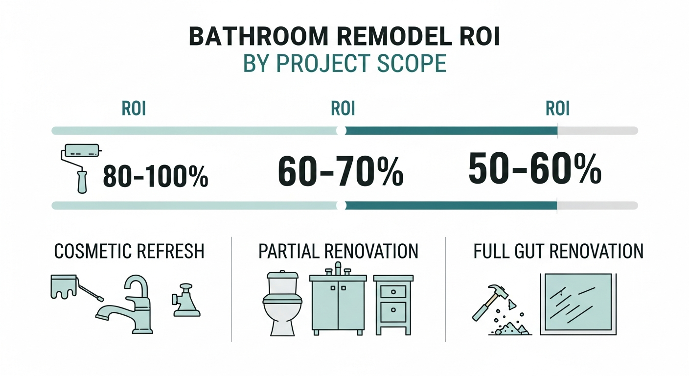Bathroom remodel ROI comparison by project scope showing cosmetic, partial, and full gut renovation returns