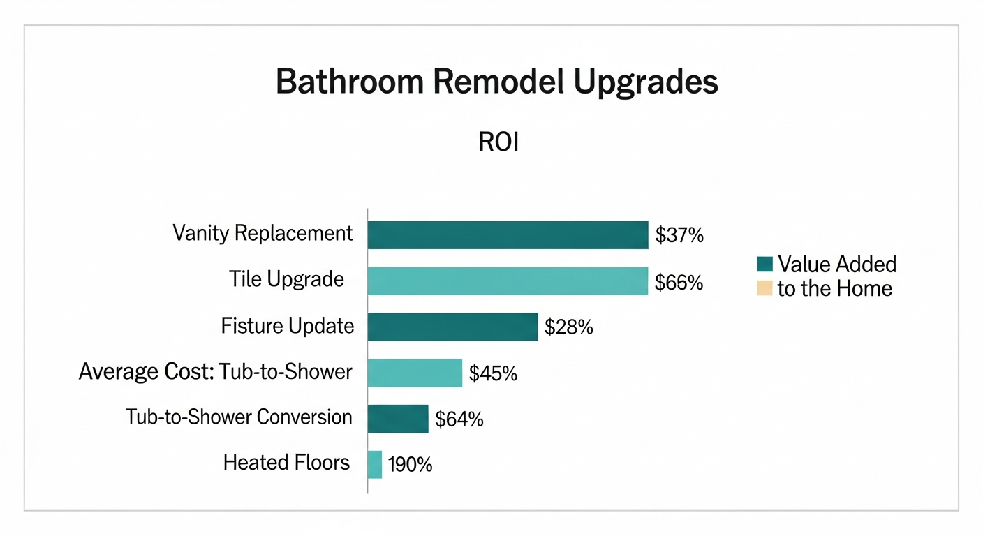 Bathroom remodel ROI comparison chart by individual upgrade type showing cost versus value added