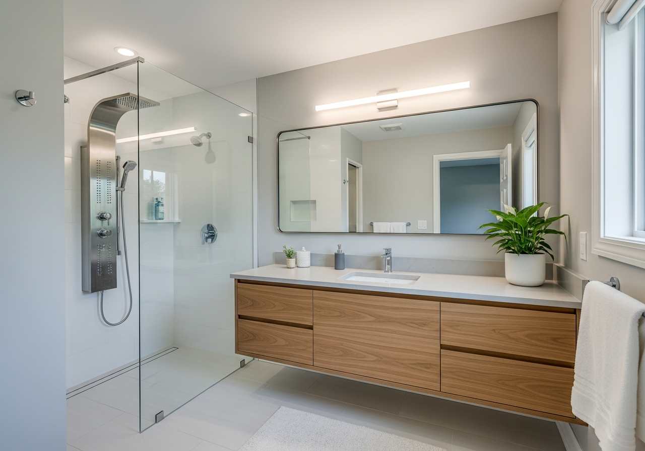 Beautifully renovated bathroom showing high-ROI upgrades including frameless glass shower, floating vanity, and modern lighting