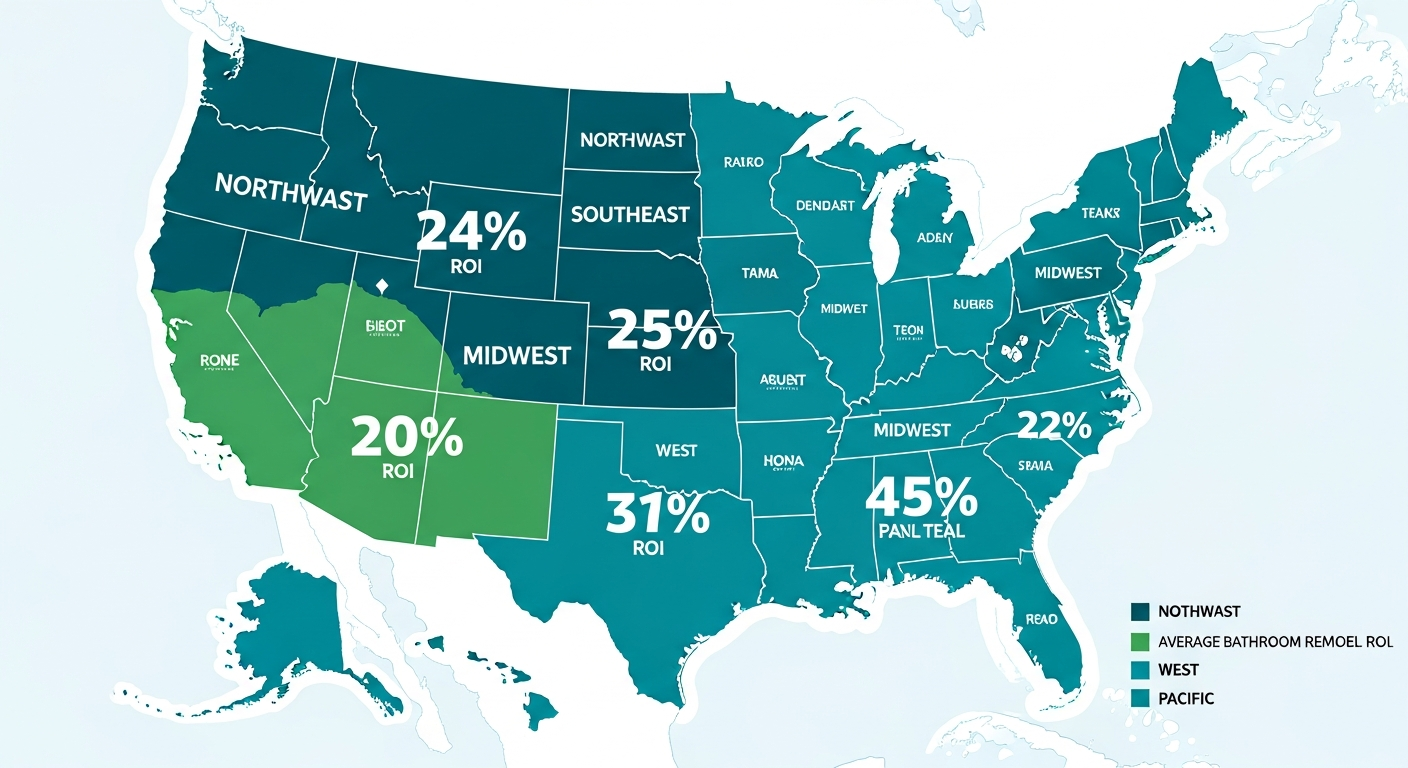 US regional map showing bathroom remodel ROI percentages by geographic region
