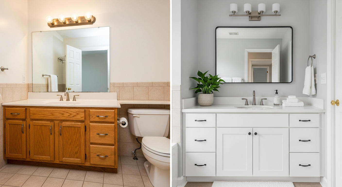Before and after budget bathroom makeover under $5,000 showing painted cabinets, new hardware, and updated accessories