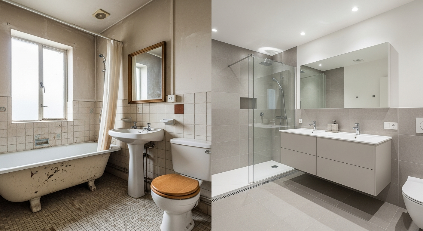 Before and after full bathroom renovation between $15,000 and $50,000 showing complete transformation with walk-in shower and modern finishes